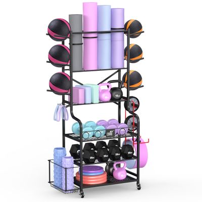 Mythinglogic Home Gym Storage with 3-Tier Medicine & Exercise Ball Rack, Weight Rack for Dumbbells Kettlebells and Weight Equipment, Yoga Mat Storage Rack with Sturdy and Lockable Casters