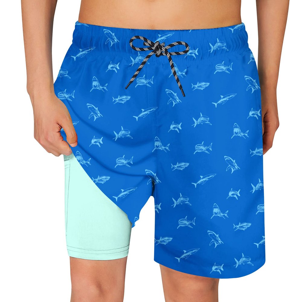 Cozople Little Boys Swim Trunks with Stretchy Boxer Brief Liner Bathing Suit Stylish Blue Shark Swimming Shorts Summer UPF Quick Dry Boardshorts for Beachwear Swimwear Size 4t