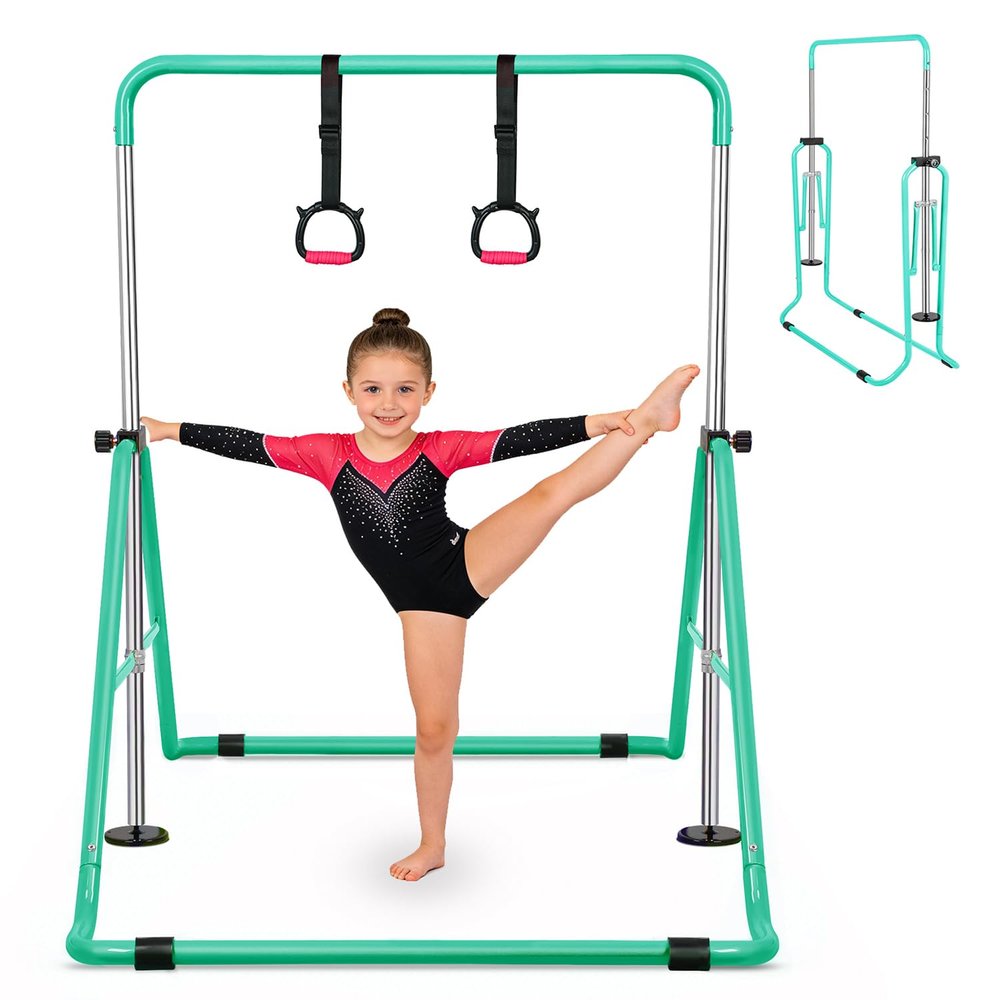 Gymnastics Bars with Rings for Kids, Folding Horizontal Bar with Adjustable Height, Expandable Gymnastics Equipment Junior Kip Bar for Girls & Boys Home Training(Green)