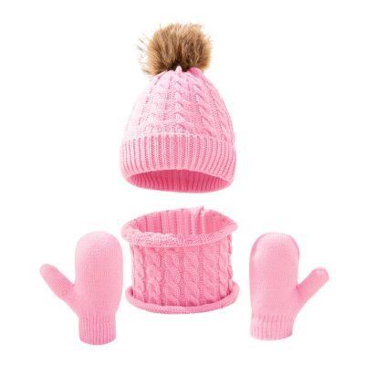 Winter Womens Hat Scarf Glove Set Knit Fleece Lined Neck Warmer Mittens for Boys Girls Soft Chunky Pompom Pink