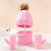 Winter Womens Hat Scarf Glove Set Knit Fleece Lined Neck Warmer Mittens for Boys Girls Soft Chunky Pompom Pink view 2