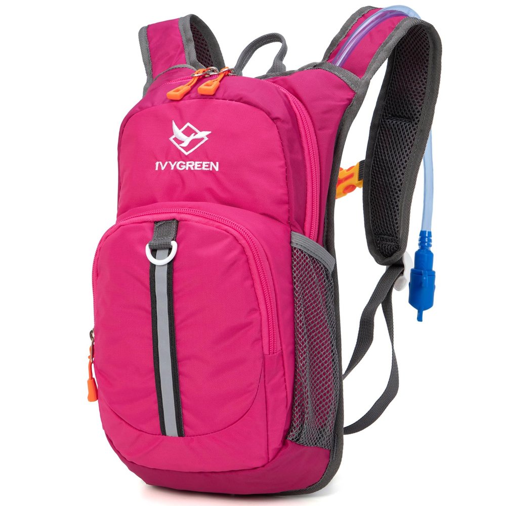 Ivygreen Kids Hydration Backpack, Hiking Backpack for Boys or Girls with 1.5L Water Bladder (Rose Red - Small)