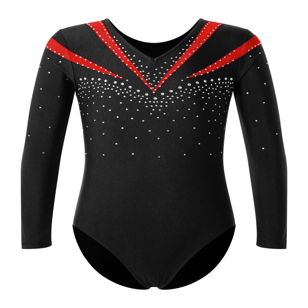 VernLan Girls Kids Long Sleeve Shiny Rhinestone Leotards Gymnastics Dance Unitard Biketard Bodysuit Costume Red 8 Years