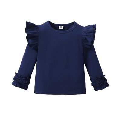 Toddler Baby Girl Solid Color T-Shirt Kids Blouse Plain Ruffle Sleeve Top Cotton Casual Clothes (033F-Navy Blue, 18-24 Months)