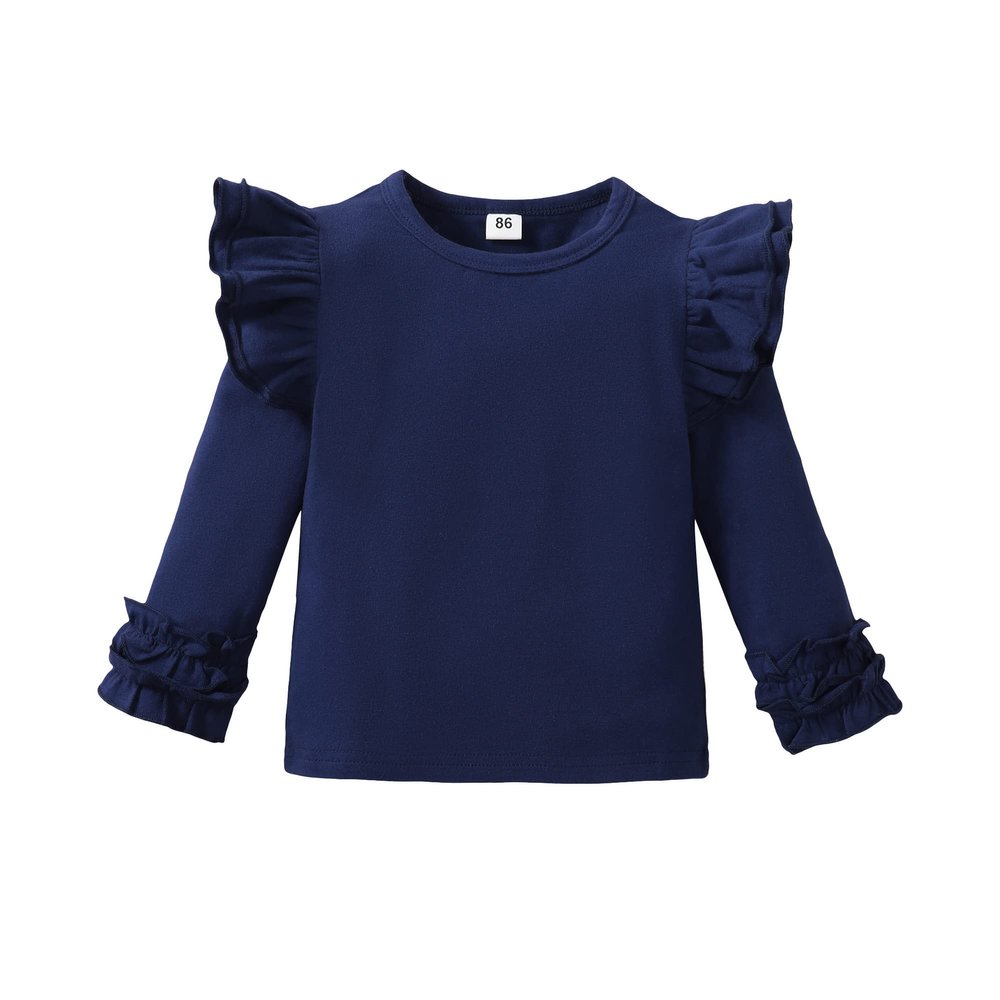 Toddler Baby Girl Solid Color T-Shirt Kids Blouse Plain Ruffle Sleeve Top Cotton Casual Clothes (033F-Navy Blue, 18-24 Months)