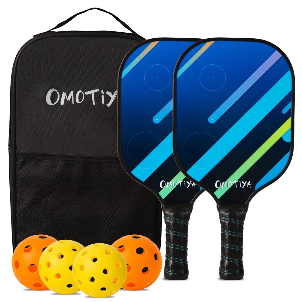 OMOTIYA Pickleball Paddles Set - Fiberglass Surface Pickleball Paddles Set with 2 Rackets, 4 Pickle Balls, and 1 Portable Pickleball Bag, with Ergonomic Cushion Grip, for Men Women Kids Indoor Outdoor