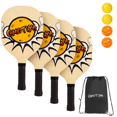 OMOTIYA Pickleball Paddles Set - Wooden Pickleball Paddles Set of 4 Rackets, 4 Pickle Balls and 1 Portable Pickleball Bag, with Ergonomic Cushion Grip, 7-ply Basswood Wood, for Beginner