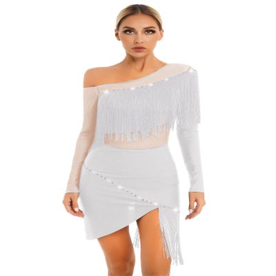 Freebily Women's Latin Dance Costume Rhinestone Shiny Fringe Dress Single Long Sleeve Tango Rumba Cha Cha Ballroom Prom Dress White Small