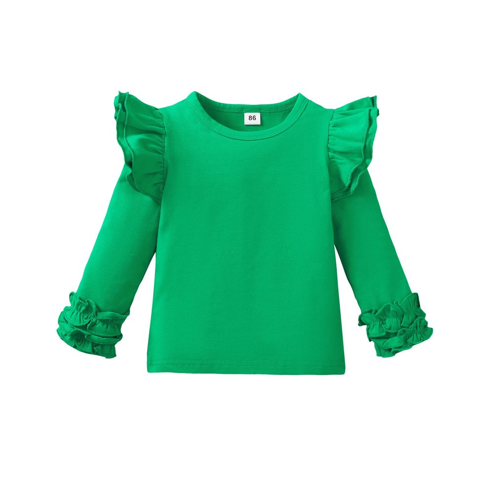 Toddler Baby Girl Solid Color T-Shirt Kids Blouse Plain Ruffle Sleeve Top Cotton Casual Clothes (033E-Green, 2-3 Years)