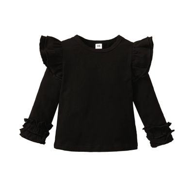 Toddler Baby Girl Solid Color T-Shirt Kids Blouse Plain Ruffle Sleeve Top Cotton Casual Clothes (033A-Black, 18-24 Months)