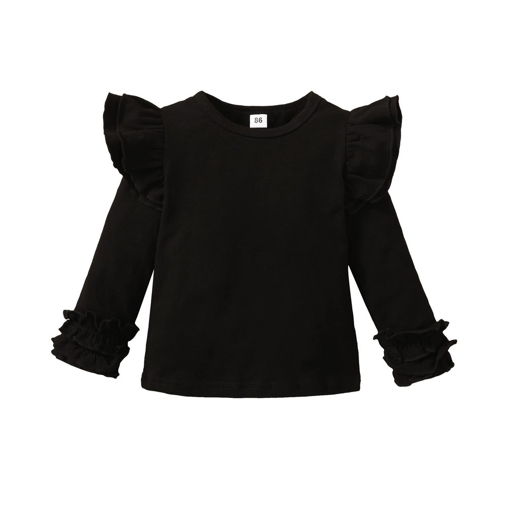 Toddler Baby Girl Solid Color T-Shirt Kids Blouse Plain Ruffle Sleeve Top Cotton Casual Clothes (033A-Black, 18-24 Months)