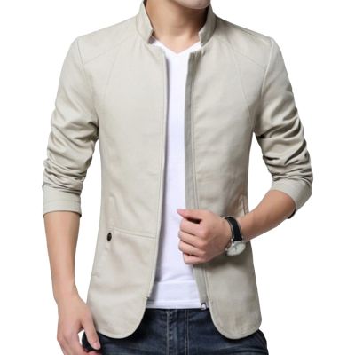 Maiyifu-GJ Men's Casual Zipper Stand Collar Jacket Lightweight Cotton Full Zip Coat Slim Fit Vintage Business Jackets (Light Yellow,Large)