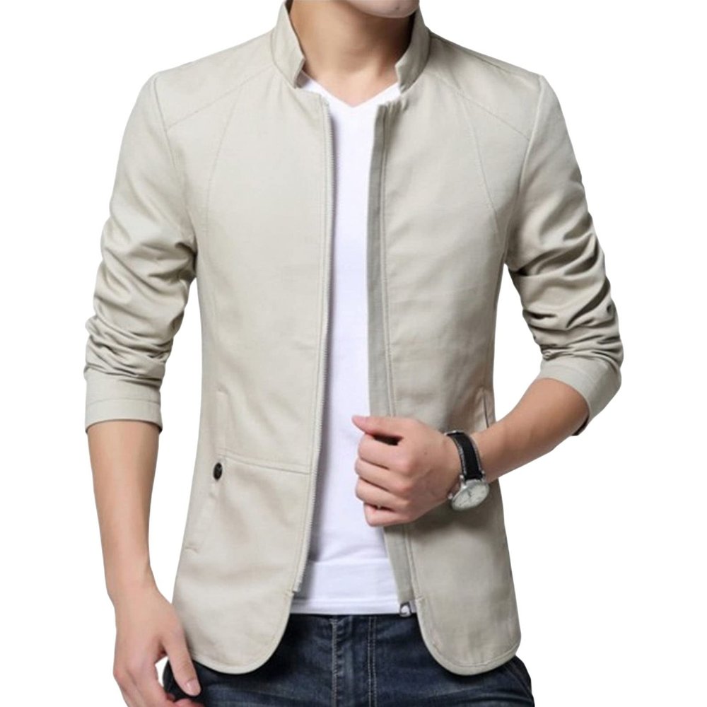 Maiyifu-GJ Men's Casual Zipper Stand Collar Jacket Lightweight Cotton Full Zip Coat Slim Fit Vintage Business Jackets (Light Yellow,Large)
