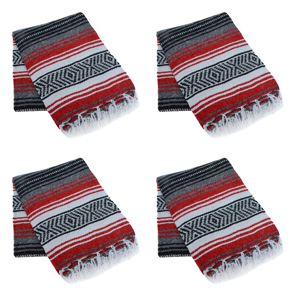 La Montana Mexican Blankets and Throws, 4 Pack, 74"x50" - Made in Mexico, Lightweight Yoga Blanket for Schools, Studios, Outdoors, Camping, Picnic, Decor - Machine Washable, Red/Charcoal/White