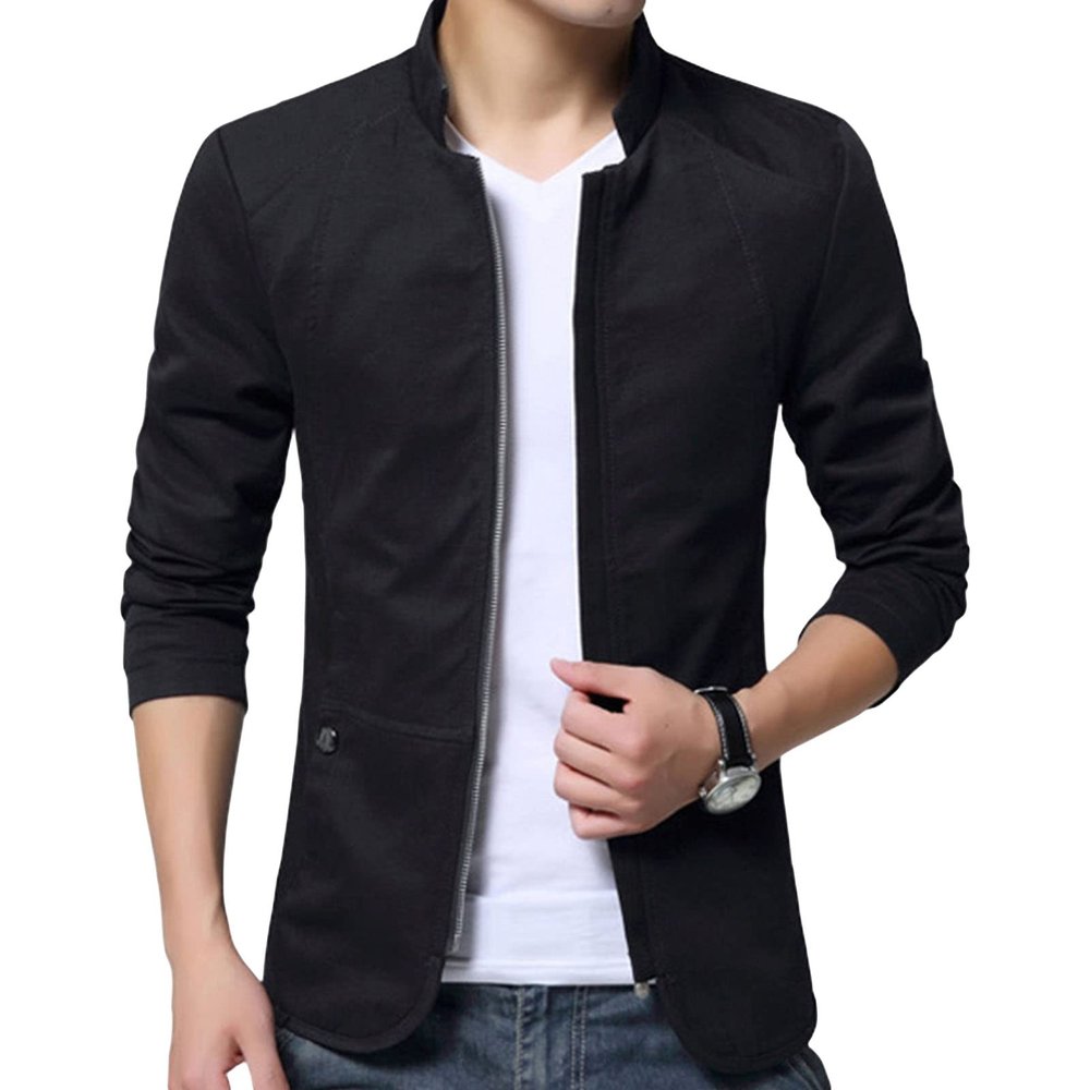 Maiyifu-GJ Men's Casual Zipper Stand Collar Jacket Lightweight Cotton Full Zip Coat Slim Fit Vintage Business Jackets (Black,4X-Large)