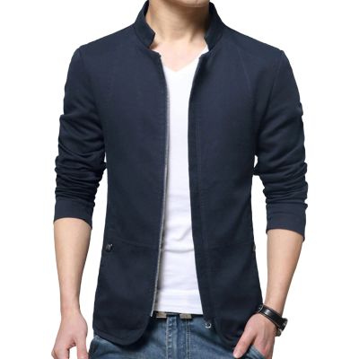 Maiyifu-GJ Men's Casual Zipper Stand Collar Jacket Lightweight Cotton Full Zip Coat Slim Fit Vintage Business Jackets (Dark Blue,3X-Large)
