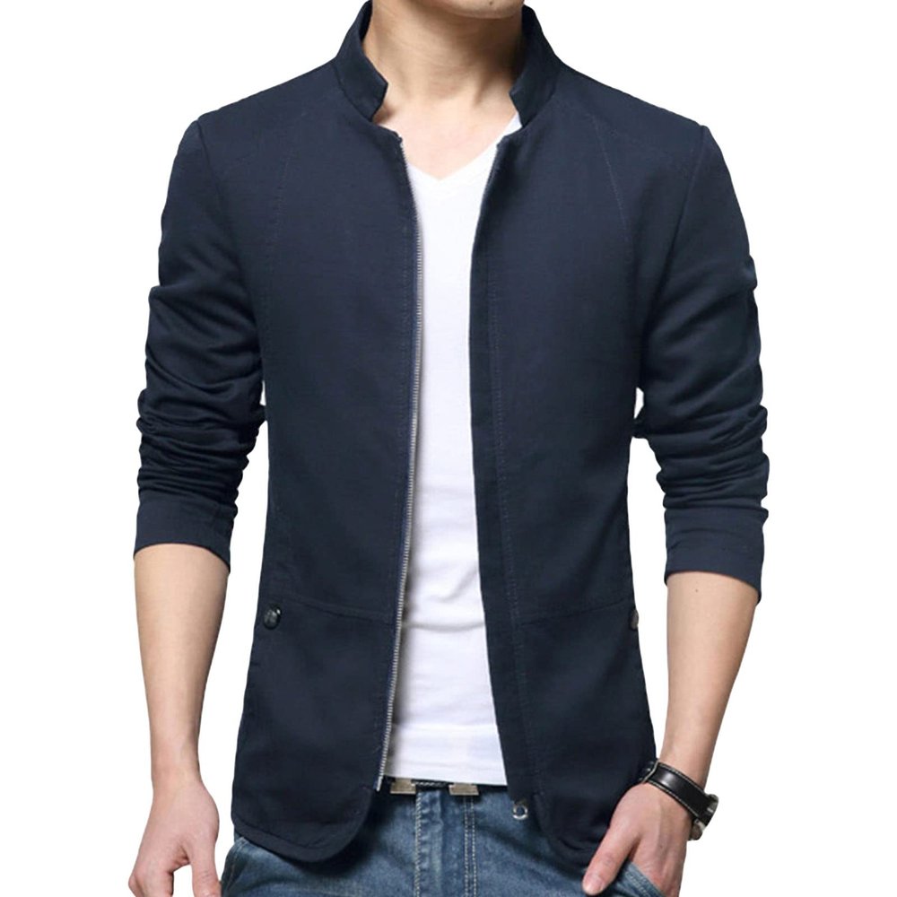 Maiyifu-GJ Men's Casual Zipper Stand Collar Jacket Lightweight Cotton Full Zip Coat Slim Fit Vintage Business Jackets (Dark Blue,3X-Large)