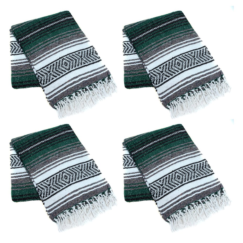 La Montana Mexican Blankets and Throws, 4 Pk, 74"x50" - Made in Mexico, Lightweight Yoga Blanket for Schools, Studios, Outdoors, Camping, Picnic, Decor - Machine Washable, Forest Green/Charcoal/White