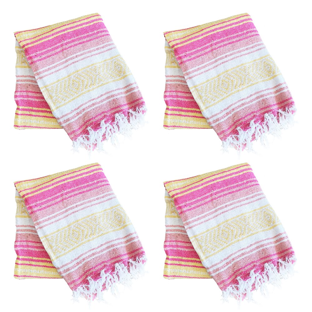 La Montana Mexican Blankets and Throws, 4 Pack, 74"x50" - Made in Mexico, Lightweight Yoga Blanket for Schools, Studios, Outdoors, Camping, Picnic, Decor - Machine Washable, Coral/Melon/Yellow/White