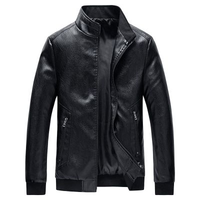 Maiyifu-GJ Men's Stand Collar Leather Bomber Jacket Lightweight Faux Leather Motorcycle Jackets Slim Fit Zip Up Biker Coat (Black,Large)