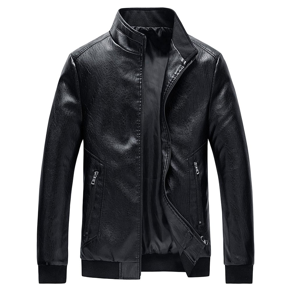 Maiyifu-GJ Men's Stand Collar Leather Bomber Jacket Lightweight Faux Leather Motorcycle Jackets Slim Fit Zip Up Biker Coat (Black,Large)