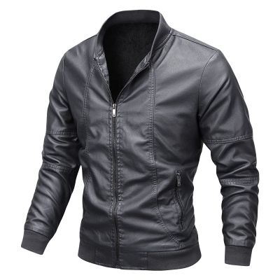 Maiyifu-GJ Men Stand Collar Leather Jacket Lightweight Faux Leather Motorcycle Jackets Casual Slim Zip Up Bomber Biker Coat (Grey,3X-Large)