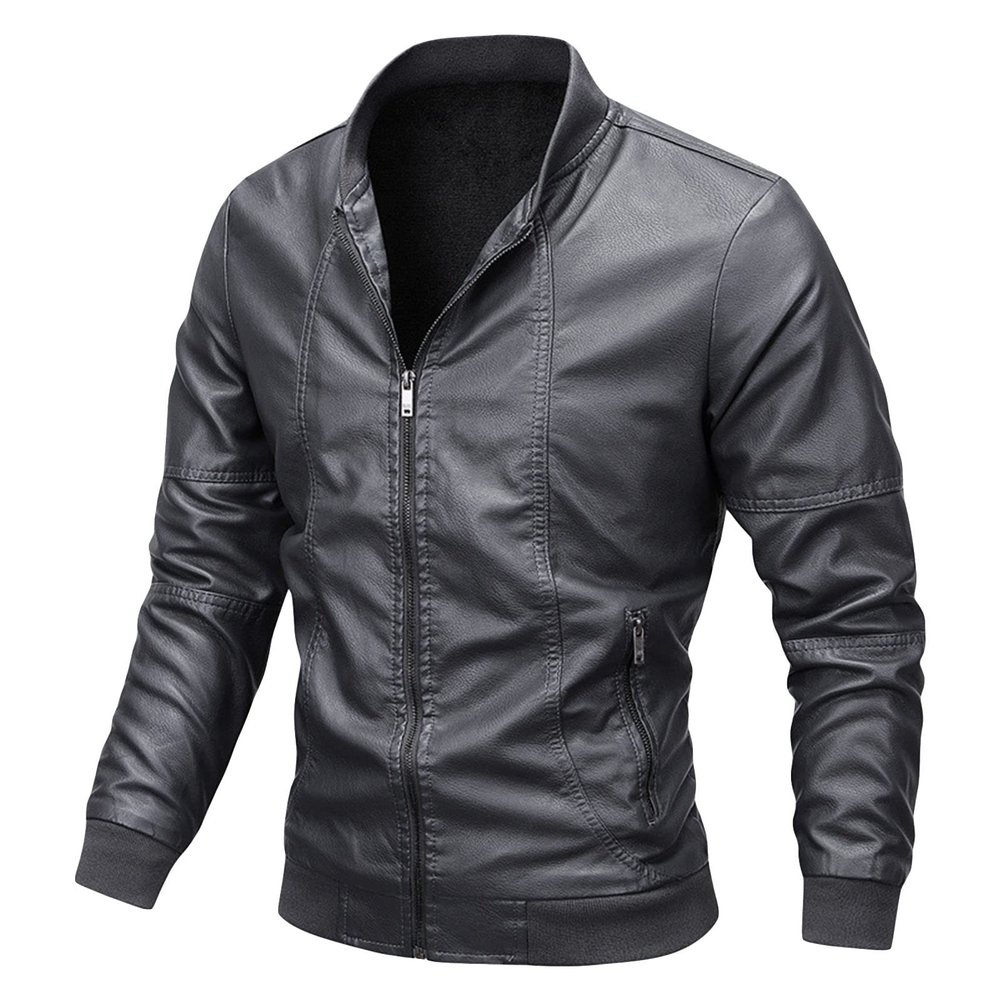 Maiyifu-GJ Men Stand Collar Leather Jacket Lightweight Faux Leather Motorcycle Jackets Casual Slim Zip Up Bomber Biker Coat (Grey,3X-Large)