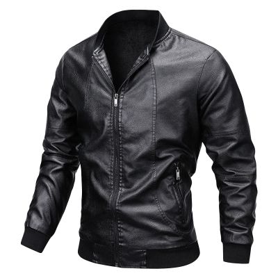 Maiyifu-GJ Men Stand Collar Leather Jacket Lightweight Faux Leather Motorcycle Jackets Casual Slim Zip Up Bomber Biker Coat (Black,Large)