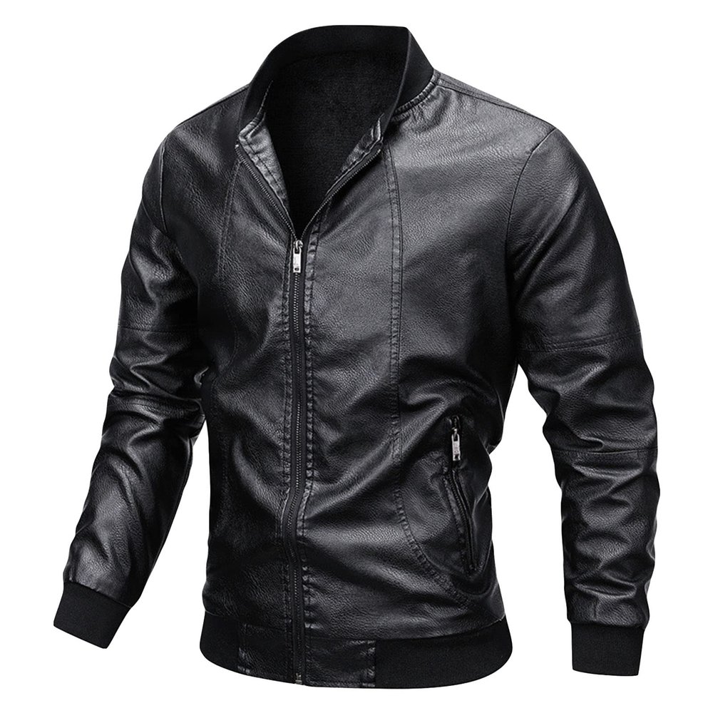 Maiyifu-GJ Men Stand Collar Leather Jacket Lightweight Faux Leather Motorcycle Jackets Casual Slim Zip Up Bomber Biker Coat (Black,Large)