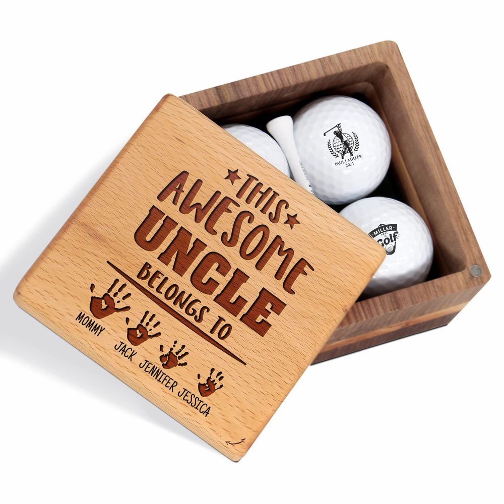 Personalized Golf Gift for Uncle - Custom Set With Nice Balls and Luxury Wooden Box - Unique Ideas for Golfer, Lover, Coach, Boss, Him, Her on Anniversary, Birthday, Retirement