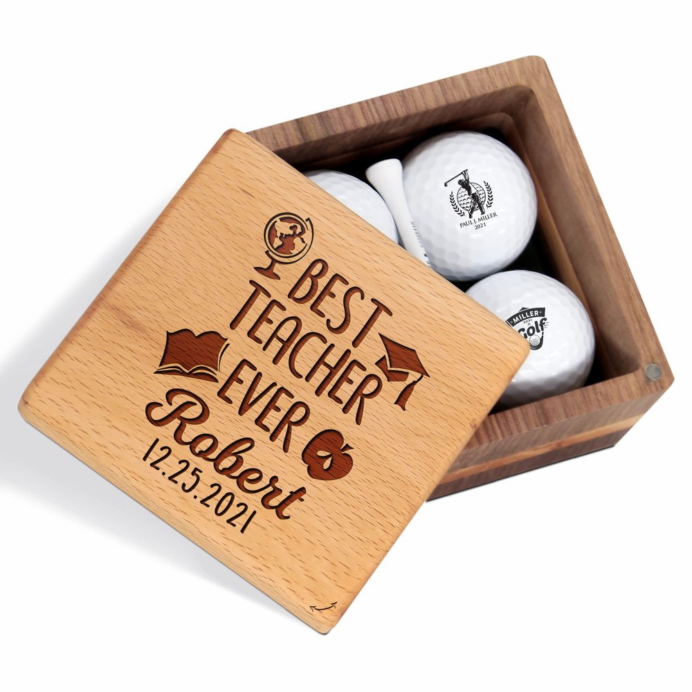 Personalized Golf Gift for Teacher - Custom Golf Set with Nice Balls and Luxury Wooden Box - Unique Gift Ideas for Golfer, Math, Science, Chemistry, History, Music Teacher on Anniversary, Birthday