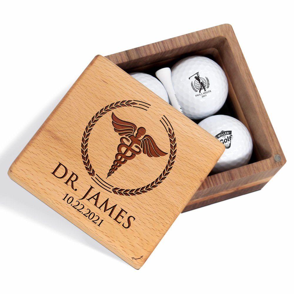 Personalized Golf Gift for Doctor Nurse - Custom Golf Set with Nice Balls and Luxury Wooden Box - Unique Gift Ideas for Golfer, Dentist, Dental, Medical, Physician on Anniversary, Birthday, Xmas