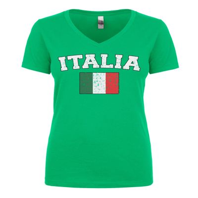 Cybertela Women's Faded Distressed Italian Italy Italia Flag Juniors V-Neck T-Shirt (Kelly, 2X-Large)