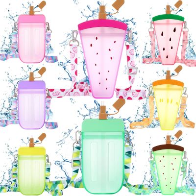 Patelai 8 Pcs Cute Water Bottles with Straw Kawaii Watermelon Ice Cream Cups Leak Proof Drinking Bottles with Adjustable Shoulder Strap for Sports Travel Camping(Classic Style)