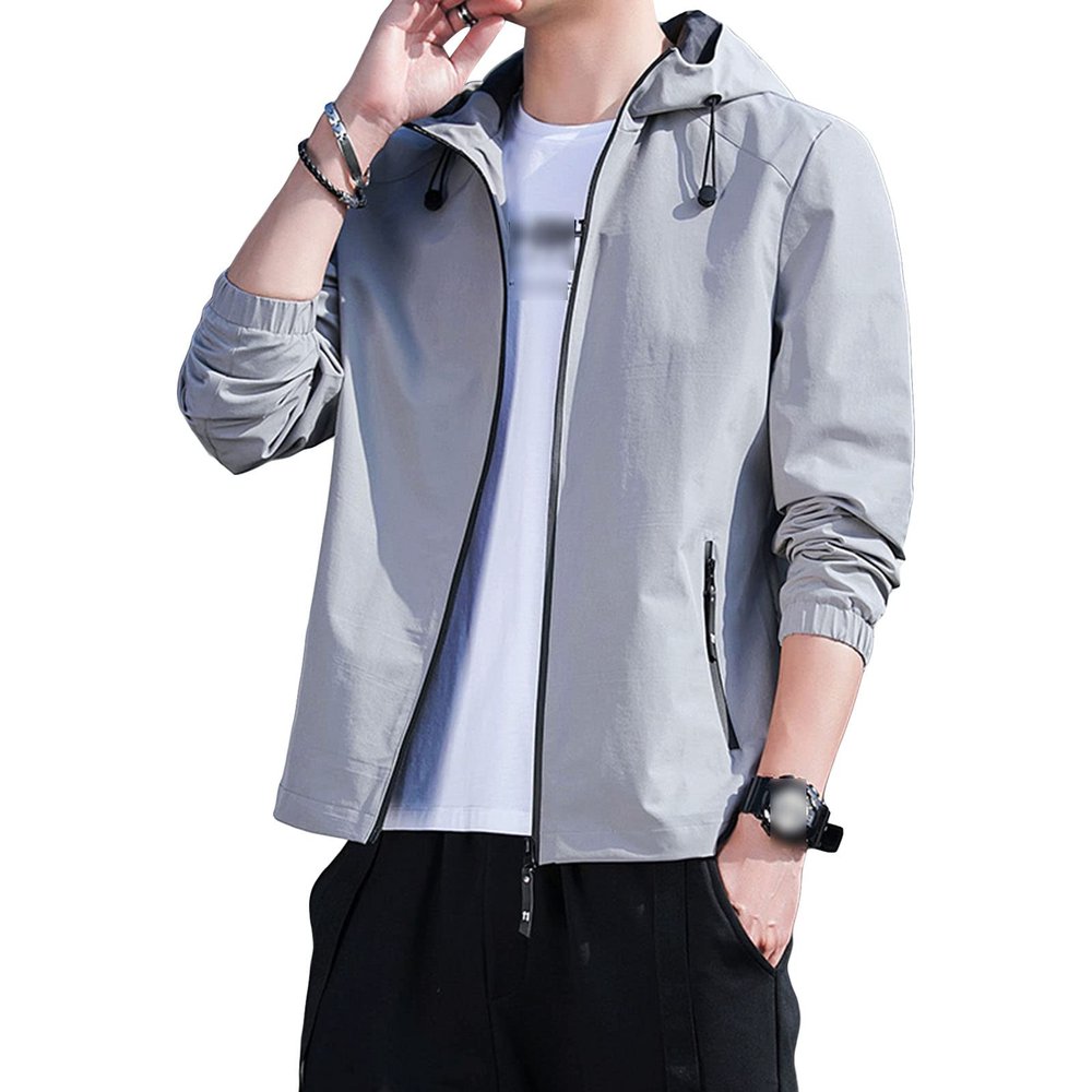 Maiyifu-GJ Men's Lightweight Full Zip Windproof Hoodie Slim Fit Casual Hooded Sweatshirt Outdoor Spring Active Windbreaker (Grey,3X-Large)