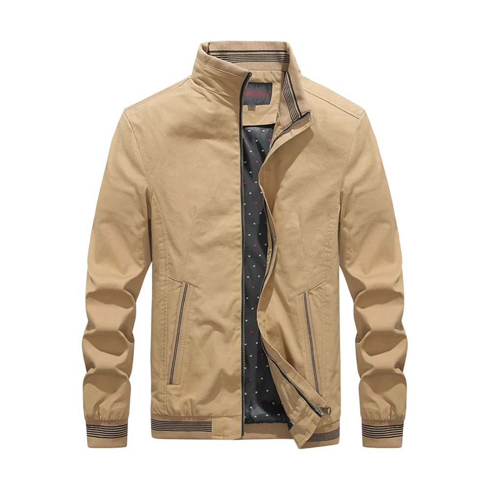 Maiyifu-GJ Men's Casual Zipper Stand Collar Jacket Lightweight Cotton Full Zip Coat Slim Fit Vintage Winter Warm Jackets (Dark Khaki,Medium)