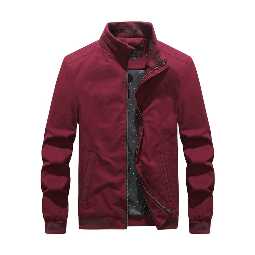 Maiyifu-GJ Men's Casual Zipper Stand Collar Jacket Lightweight Cotton Full Zip Coat Slim Fit Vintage Winter Warm Jackets (Red,Large)