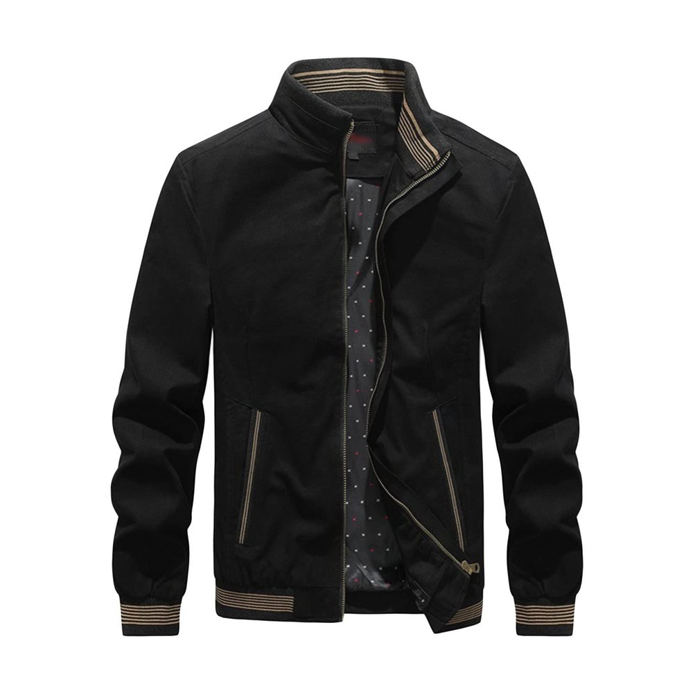 Maiyifu-GJ Men's Casual Zipper Stand Collar Jacket Lightweight Cotton Full Zip Coat Slim Fit Vintage Winter Warm Jackets (Black,Medium)