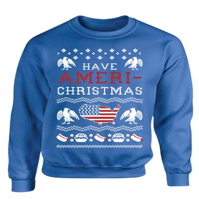 ALLNTRENDS Have Ameri Christmas Love America Ugly Christmas Sweater Funny Patriotic Sweatshirt (2XL, Royal Blue)