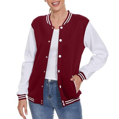 ACEFAST INC Women's Varsity Jacket Baseball Uniform Casual Long Sleeve Sport Bomber Jacket Coat