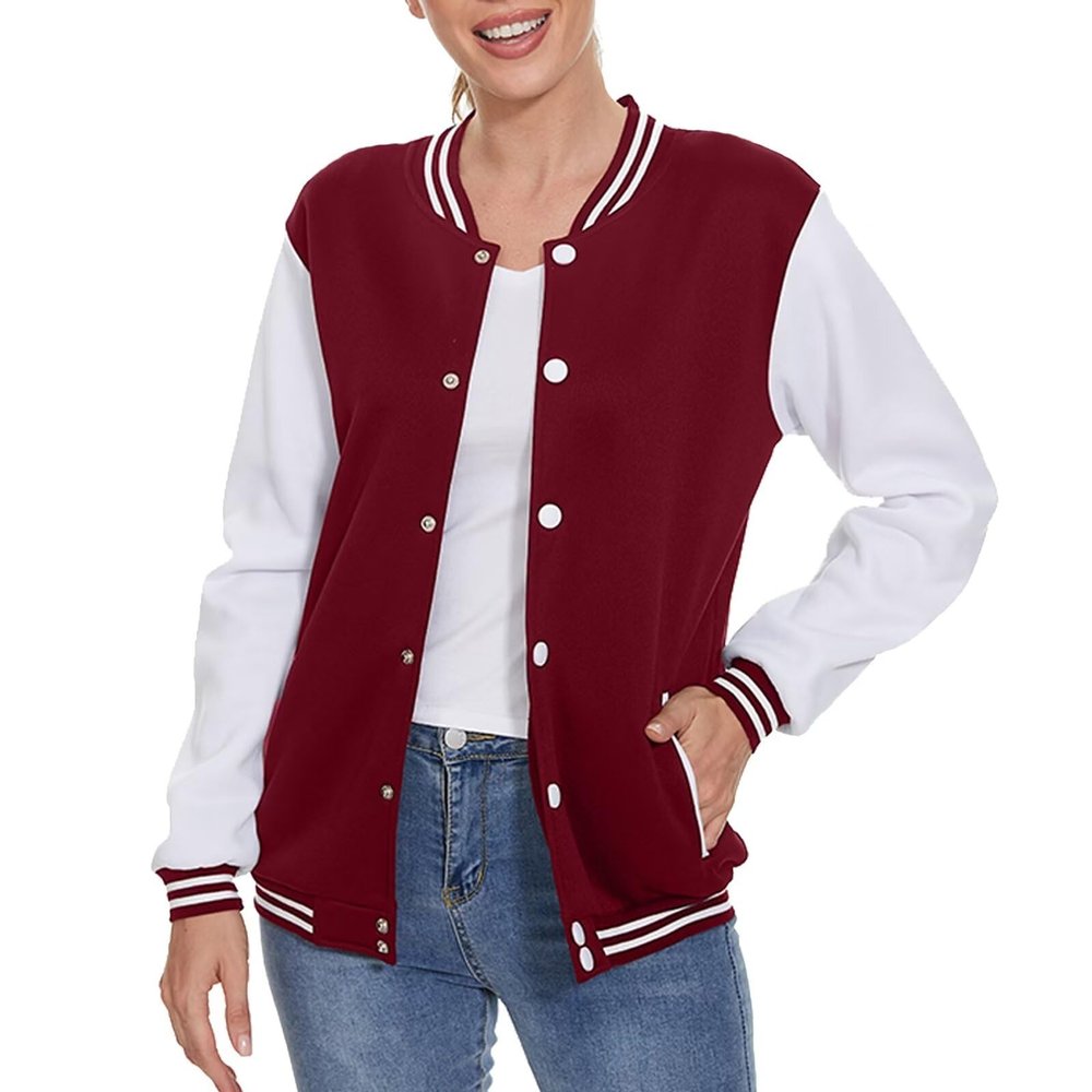 ACEFAST INC Women's Varsity Jacket Baseball Uniform Casual Long Sleeve Sport Bomber Jacket Coat