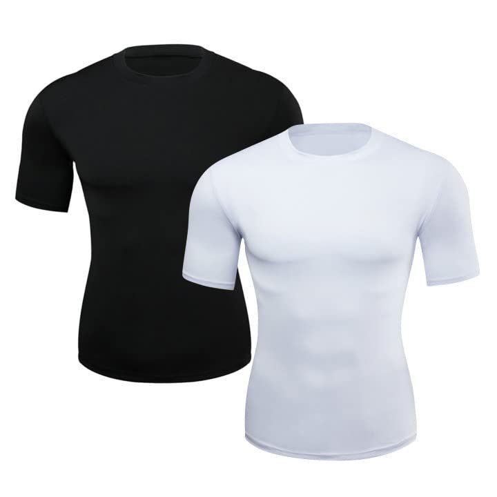 Hotfiary Men's Compression Shirts Quick Dry Athletic T-Shirts Compression Base Layer Tops for Sports Running (1 or 2pcs)