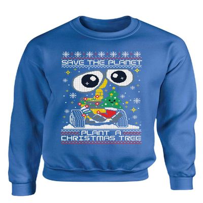 ALLNTRENDS Save The Planet Plant A Christmas Tree Ugly Xmas Sweater Cute Robot Sweatshirt (2XL, Royal Blue)
