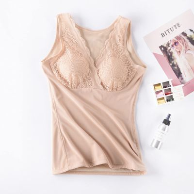 ANRIO Velvet Thicken Thermal Underwear for Women Plus Size Thermals Body Slim Shaper Camisole Sleeveless Vest Tank Tops (Color : Beige, Size : XL/X-Large)