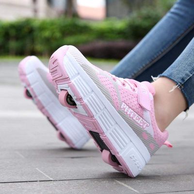Children's Shoes With Wheels, Skateboarding ShoesLight Roller Skates Wheels, Sports Shoes Skateboarding Outdoor Gymnastics SneakersWith Adjustable Snap Button/16 (Color : Rosa, Size : 34 EU)