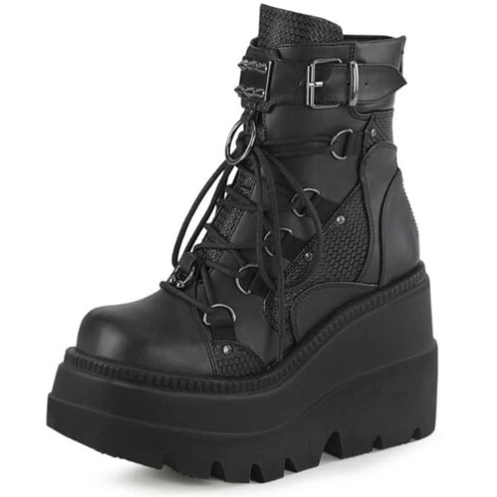 ZBYY Women's Combat Ankle Boots Zipper Lace Up Chunky Military Platform Shoes Wedge Heel Studded Goth Mid Calf Combat Booties