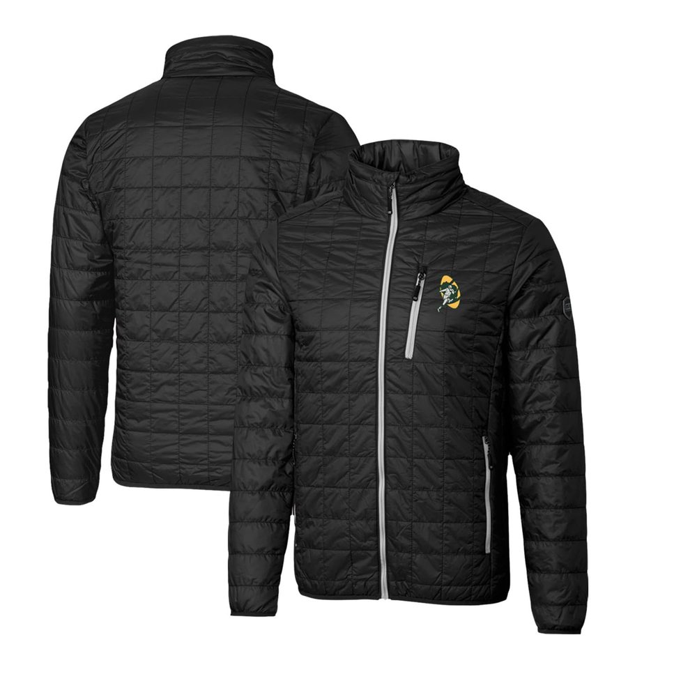 Cutter & Buck Men's Black Green Bay Packers Throwback Logo Rainier PrimaLoft Eco Insulated Full-Zip Puffer Jacket