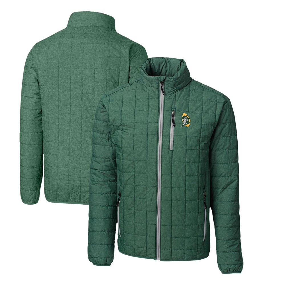 Cutter & Buck Men's Heather Green Green Bay Packers Throwback Logo Rainier PrimaLoft Eco Insulated Full-Zip Puffer Jacket