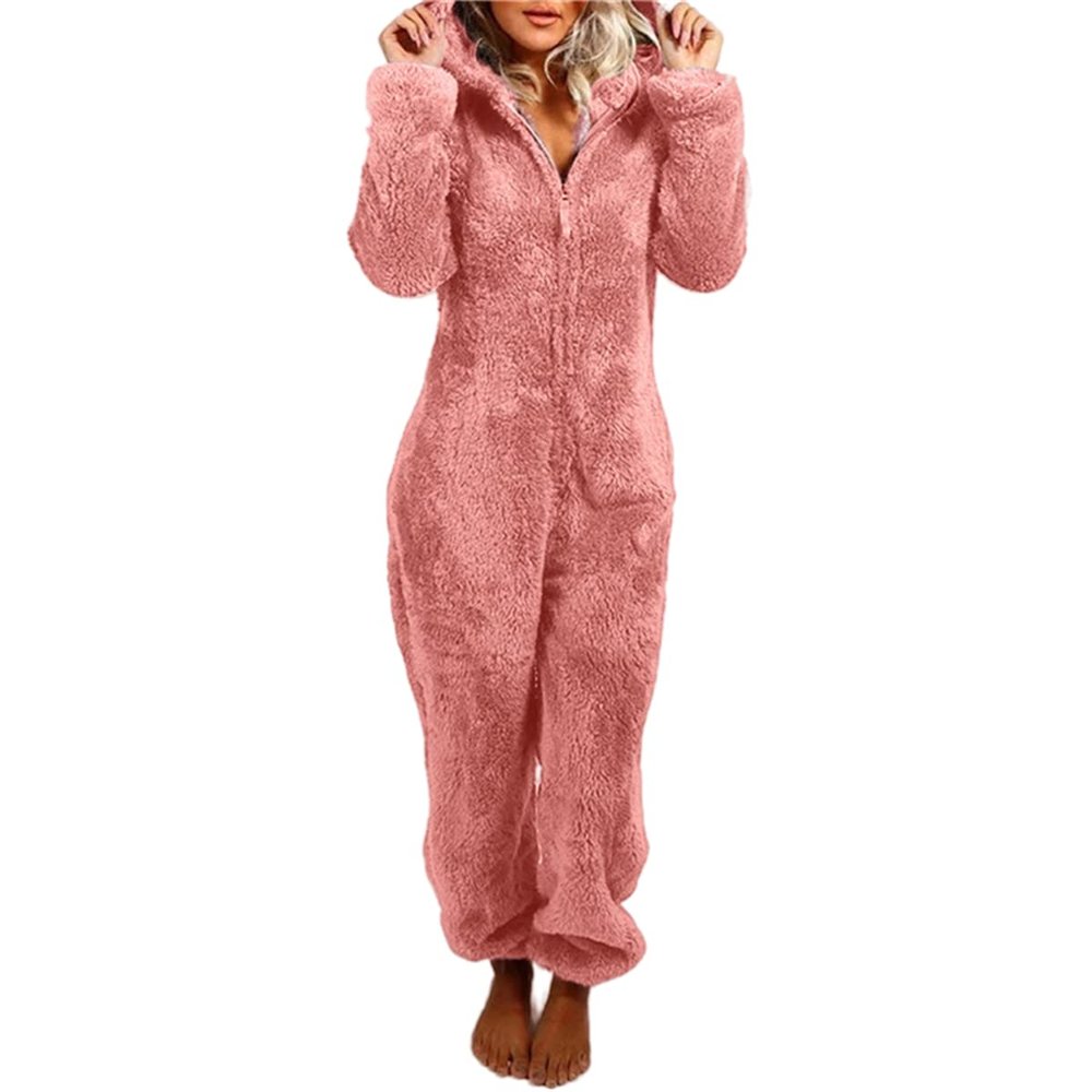 Womens Plush Hooded Jumpsuit Sherpa Fuzzy Pajamas Long Sleeve Cute Cat One Piece Onesie Winter Warm Rompers Sleepwear Pink