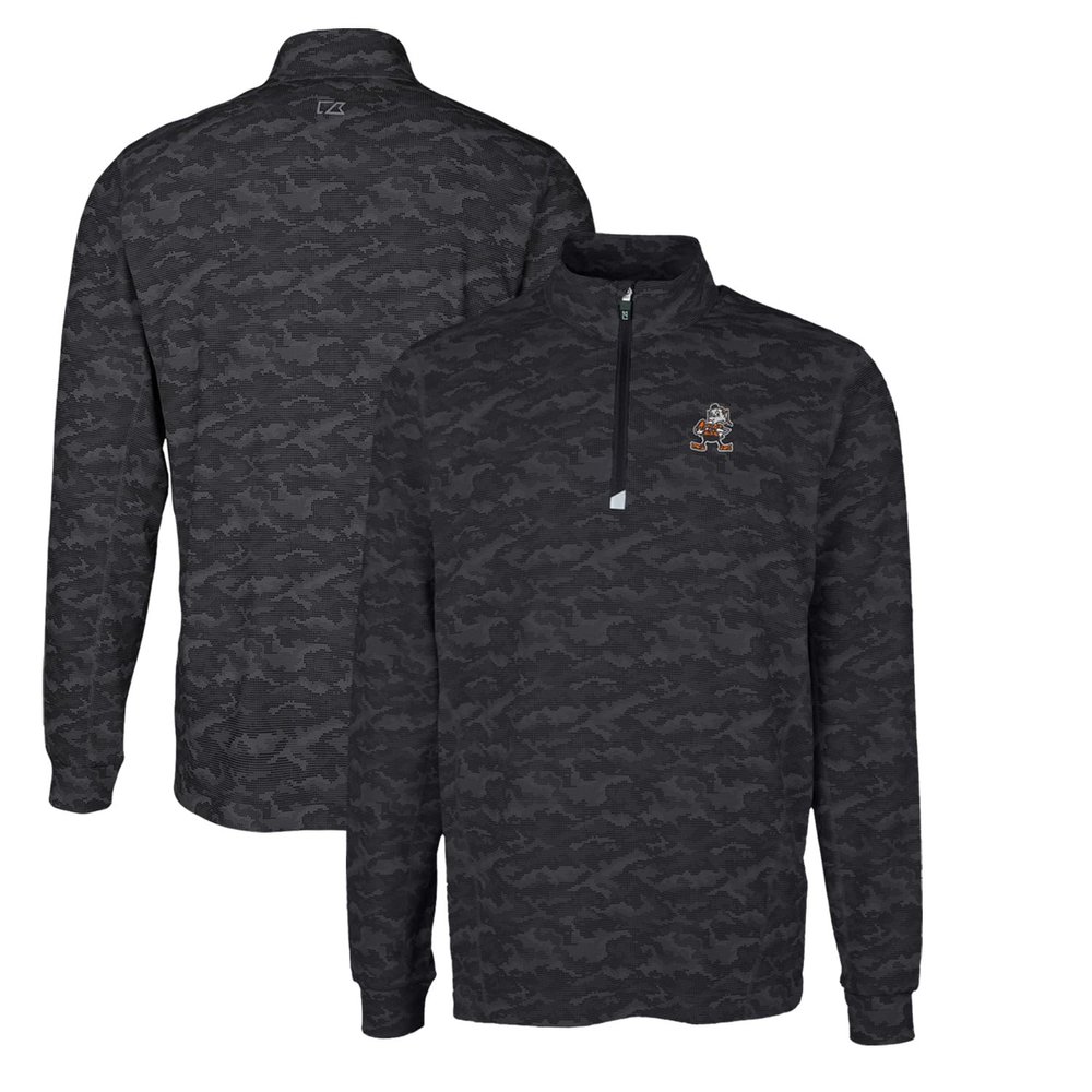 Cutter & Buck Men's Black Cleveland Browns Throwback Logo Big & Tall Traverse Camo Print Stretch Quarter-Zip Pullover Top